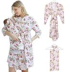 DRESHOW Maternity Robe and Baby Receiving Blanket New Mother Delivery Nursing Robe Room Set Floral Gown Matching Headband