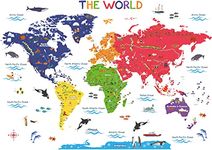 DECOWALL BS-115 Large Animal Landmarks World Map Wall Decals Stickers Peel and Stick Removable kids art bedroom nursery room living home decor diy travel colorful poster baby educational