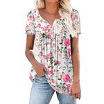 Angxiwan Sales Today Clearance Blouses for Women UK Women's Fashion Casual Floral V Neck Button Down Top Short Sleeve T Shirt Oversized T Add on Items 2 Beige