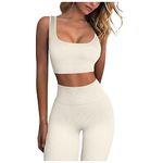 DOGZI Women Yoga Sets Seamless Ribbed 2 Piece Sports Cropped Vest Top High Waist Legging Gym Workout Outfits Exercise Tracksuit Cycling Sportswear Mother's Day Gift,White,S