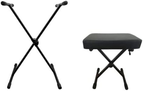 Premium Quality Keyboard Bench and Stand Set - Adjustable Height - Extra Thick Cushion - Fully Foldable - Lightweight and Easily Portable - Heavy Duty - Black