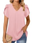 Gaharu Blouses for Women Business Casual Spring Blouses Chiffon V Neck Short Sleeve Work Shirts Pleated Office Top Rose Pink,M, Rose Pink, M