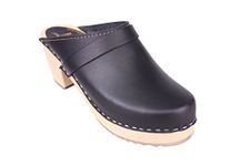 Lotta From Stockholm Swedish High Heel Classic Clogs - Black Leather Clogs for Women I Supportive Wooden Clog with 2 3/4 inch Heel & 3/4 inch Platform, Black, 8.5