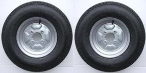 A pair of 500 x 10 inch trailer wheels and tyres with 6 ply tyre and 4 inch PCD Pt no. LMX1601 PLEASE DO NOT BUY UNTIL YOU HAVE CHECKED YOUR PCD