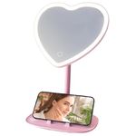 Pink Heart Mirror with Lights and Cell Phone Stand. Heart Shaped Mirror for Pink Room Decor. Pink Mirror for Dresser, Aesthetic Mirror with Lighting, Heart Vanity Mirror for Makeup.