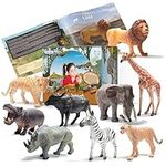 PREXTEX Realistic Safari Animal Figurines - 9 Large Plastic Figures - Jungle, Zoo, Forest, and Wild Animal Toys with Educational Animals Book | Great Gift for Birthday Party | Toddlers 1-3 Years Old