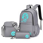 Kono Luminous School Backpack 3-in-1 Set, Anime Boys Schoolbag Crossbody Bag Pencil Case, 15.6" Laptop Rucksack for Students Teens Girls (Grey)