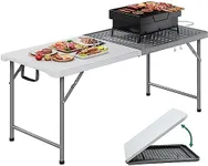 YITAHOME 6Ft Folding Grill Table, Portable 2-in-1 Design Camping Table for Grill with Mesh Desktop, Folding Table for Grill Camping Cooking BBQ Picnic, White