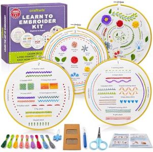 Craftwiz 4-Piece Starter Embroidery Kit for Beginners and Expert with Simple Patterns, Learn 29 Stitches with Hand Embroidery Kit