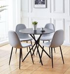 Hallowood Furniture Cullompton Small Dining Table and Chairs Set 4, Round Dining Table & Grey Fabric Chairs, Black Wooden Effect Top Table & Chairs, Dining Room Set for Home, Café