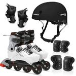 JASPO Sparkle 2.0 Adjustable Inline Skates Combo for Kids & Youth, ABEC-7 Bearings,Hard Boot, Aluminium Frame,70mm PU 85A Wheels Includes Safety Gear (White/Black, S (17 to 20 cms))