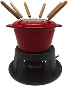 Andrew James Fondue Set for Cheese or Chocolate, Red Enamelled Cast Iron with 130mml Capacity and Gel Fuel Burner, Cast Iron Pot On Tripod with 22cm Base, Includes 8 Colour Coded Fondue Forks