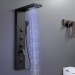 KINKIBOS Shower Tower Panel with Mixer, 6 Shower Modes: LED Rain＆Waterfall, 2 Modes Massage Jets, Handset and Bath Spout, Stainless Steel Column Matt Black Shower Panel