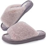 Snug Leaves Ladies' Deluxe Fluffy Memory Foam Slip on Slippers Cozy Faux Fur Lined Open Toe House Slides with Anti-Slip Indoor Outdoor Rubber Sole Grey,Size 5-6 UK