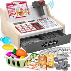 Upgrade Wooden Cash Register Toy for Kids, Pretend Play Counting Toys Cashier Register for Kids with Sound, Credit Card & Fake Money Learning Toy, Brithday Party Gift for Toddler Boy Girl, Age 3 4 5 6