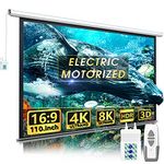 110" Motorized Projector Screen - Indoor and Outdoor Movies Screen 110 inch Electric 16:9 Projector Screen W/Remote Control
