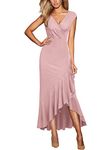 Miusol Women's Elegant V Neck Ruffle Split Style Cocktail Formal Long Dress (Medium, Pink)