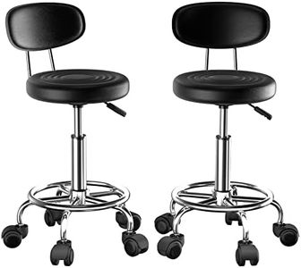 Rcynview 2X Taburete Giratorio con Ruedas, Silla Escritorio Altura Ajustable, Taburetes Altos de Cocina con Respaldo y Reposapiés, Acero Cromado, Sillas Bar, Silla Tocador Maquillaje, Silla Alta Negro