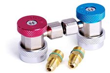 AMAZOR Car Ac Coupler | Adjustable R134A Adapter Fittings Quick Coupler Tool Kit High Low AC Freon Manifold Gauge Hose Conversion kit, 1/4" SAE HVAC Set of 2 Pcs (red blue car ac coupler)