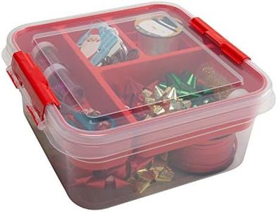 Simplify 5 Compartment Gift Supply Storage Box | 2 Tier Box | Red | Clear Top Lid | Dimensions: 9.5"x 9.5"x 4.5" | Snap Handle| Storage | Wrapping Accessories