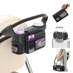 KDD Pram Organiser Bag with Insulated Cup Holder, Stroller Bag Caddy with Detachable Zippered Pocket & Adjustable Shoulder Strap, Large Capacity Baby Bags for Prams, Buggy, Pushchair, Doona, Uppababy