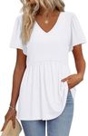 Short Sleeve Shirts for Women 2025 Womens Summer Tops Maternity Clothes Peplum Tops for Women V Neck White Shirt Babydoll Tops S