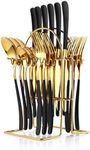 24 Pieces Cutlery Set with Holder, Stainless Steel Knife Fork Spoon Flatware Set, Gold Mirror Polishing Flatware Set Service for 6, Hanging Flatware Set with Stand (Black Gold)