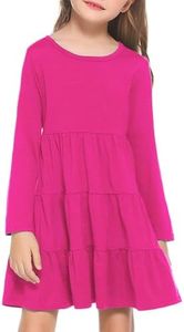 Arshiner Girls Long Sleeve Dress Fall Cotton Crewneck Tiered Ruffle Swing Solid Casual Midi Dresses Hot Pink 4T