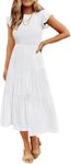 ZESICA Women's 2023 Summer Casual Flutter Short Sleeve Crew Neck Smocked Elastic Waist Tiered Midi Dress, White, Medium