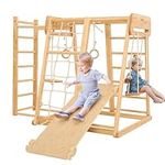 Belleur 8 in 1 Large Indoor Playground Jungle Gym, Wooden Montessori Climber Playset with Slide, Climbing Rock/Net, Rope Ladder, Monkey Bars, Swing, Hanging Ring, Climbing Toy for Toddler Inside