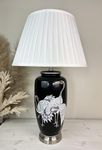 DOWNTON INTERIORS Large Black Oriental Ceramic Porcelain Table Lamp with Crane Bird Pattern (G2121) (Pleated Shade)