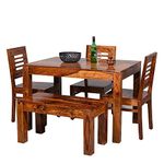 SONA ART & CRAFTS Modern Furniture Solid Sheesham Wood 4 Seater Dining Table Set Dining Table with 3 Chairs & 1 Bench Dinner Table Set for Dinning Room Home,Hotel and Office (Honey Teak)