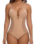 SHAPERIN Women's Backless Shapewear Tummy Control Body Shaper Bra Faja U Plunge Low Back Shapewear Bodysuit (Small,Nude)