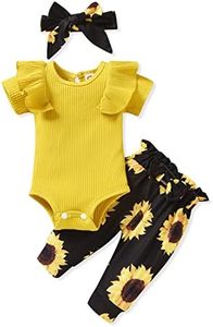 Unutiylo Baby Girl Clothes Infant Outfits Ribbed Romper Bodysuit Pants Set Ruffle Jumpsuit Clothing Set Short Sleeve Baby Girls Spring Summer Outfits Vintage Floral Outfits Set 3-6 Months Yellow