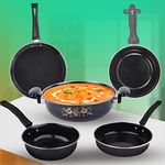 Flixbloom Perfect Kitchen Cooking Utensils Collection Induction Base Cookware Sets of 5 Combo Pack Including Kadai, Tawa, Frying Pan, Sauce pan, Tadka pan -Induction & Gas Stovetop Suitable Black