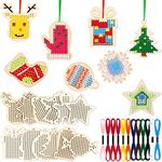 Blulu 24 Pieces Christmas Wooden Cross Stitch Kits Cross Stitch Christmas Tree Ornaments Hanging Decorations Arts and Crafts Beginners DIY Project