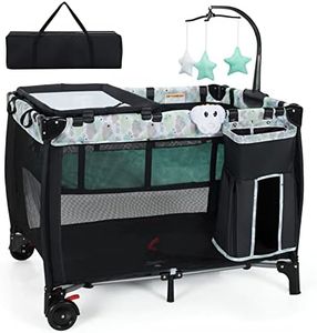 BABY JOY Portable Baby Bassinets, 3-in-1 Foldable Baby Portacot w/Changing Table, Music Box, Hanging Toys, Lockable Wheels & Carry Bag, Folding Travel Cot for Infant Toddler (Black)