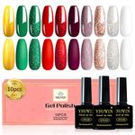 Yueshop Christmas Gel Nail Polish Set,10 Pcs Gel Nail Varnish Soak Off UV Nail Yellow Red Green Purple Silver,Gel Polish Starter Set Christmas,8ml