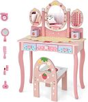 HONEY JOY Kids Vanity Table & Chair Set, Toddler Vanity w/Detachable Top, 2 in 1 Princess Makeup Dressing Table w/Tri-fold Mirror, Drawers & Accessories, Pretend Play Vanity Set for Girls (Pink)