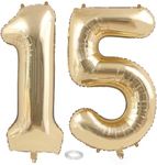 Svnntaa 40 Inch Light Gold Large 15 Number Balloons Big Number 15 Balloon White Gold Giant 15 Mylar Birthday Balloons for 15th Birthday Party Decorations 15th 51st Anniversary Party Supplies