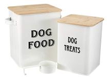 Pethiy Dog Food and Treats Storage tin Containers Set with Scoop for Dogs-Tight Fitting Wood Lids-Coated Carbon Steel-Storage Canister Tins-White