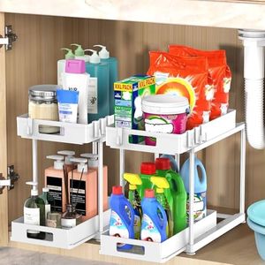 Under Sink Organizers and Storage, 2 Pack Large Capacity Heavy Load Double Pull-out Under Sink Shelves with Sliding Drawer for Kitchen and Bathroom, White