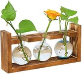 Plant Terrarium with Wooden Stand, Wall Hanging Glass Planter Tabletop Propagation Bulb Vase Metal Swivel Holder Retro Rack with 3 Bud Bottle for Hydroponics Plants Home Office Decor