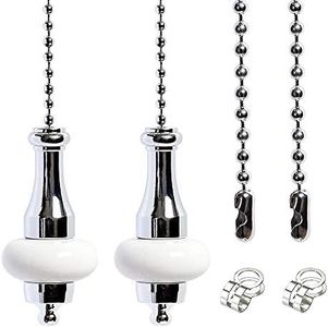 LY 2 Pcs Light Pull Chain Switch Pull Cord Weight Handle Metal Chrome Plated with White Ceramic Connectors, Ceiling Fan Pull Chain Bathroom Toliet Light Pulls Cord 1 Meter