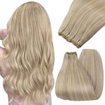 YoungSee Sew in Hair Extensions Human Hair Blonde Weft Extensions Human Hair Warm Ash Blonde Highlights Bleach Blonde Sew in Real Hair Extensions Long-Lasting 20Inch 100G