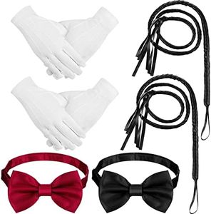 6 Pcs Circus Costumes Accessories Sets Faux Leather Whip Black Bullwhip Bow Ties Uniform Gloves for Circus Stage Performance Racing Ringmaster Cosplay Halloween Costume Accessories