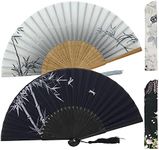 Leehome Small Folding Hand Fans for Women -Chinese Japanese 2pcs Vintage Bamboo Silk Fans - for Dance, Music Festival, Wedding, Party, Decorations,Gift. (Gray & Black Bamboo)