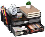 Vikmyer 3-Trays Desktop Organizer with Drawer, Mesh Office Desk Supplies Organizer Document Letter Tray Holder for Office Home(2 Pen Holder)