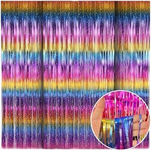 WD&CD 3 Pcs Foil Fringe Curtains Colorful, 3.2ft x 6.6ft Metallic Tinsel Foil Fringe Curtain for Graduate Party Decoration Wedding Girl Princess Birthday Valentine's Day Christmas