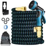 Expandable Garden Hose 50ft, Flexible Garden Water Hose with 10 Function Nozzle, Triple Core Latex and 3/4" Solid Brass Fittings, Kink Free Retractable Collapsible Gardening Flexible Hose Pipe, Blue